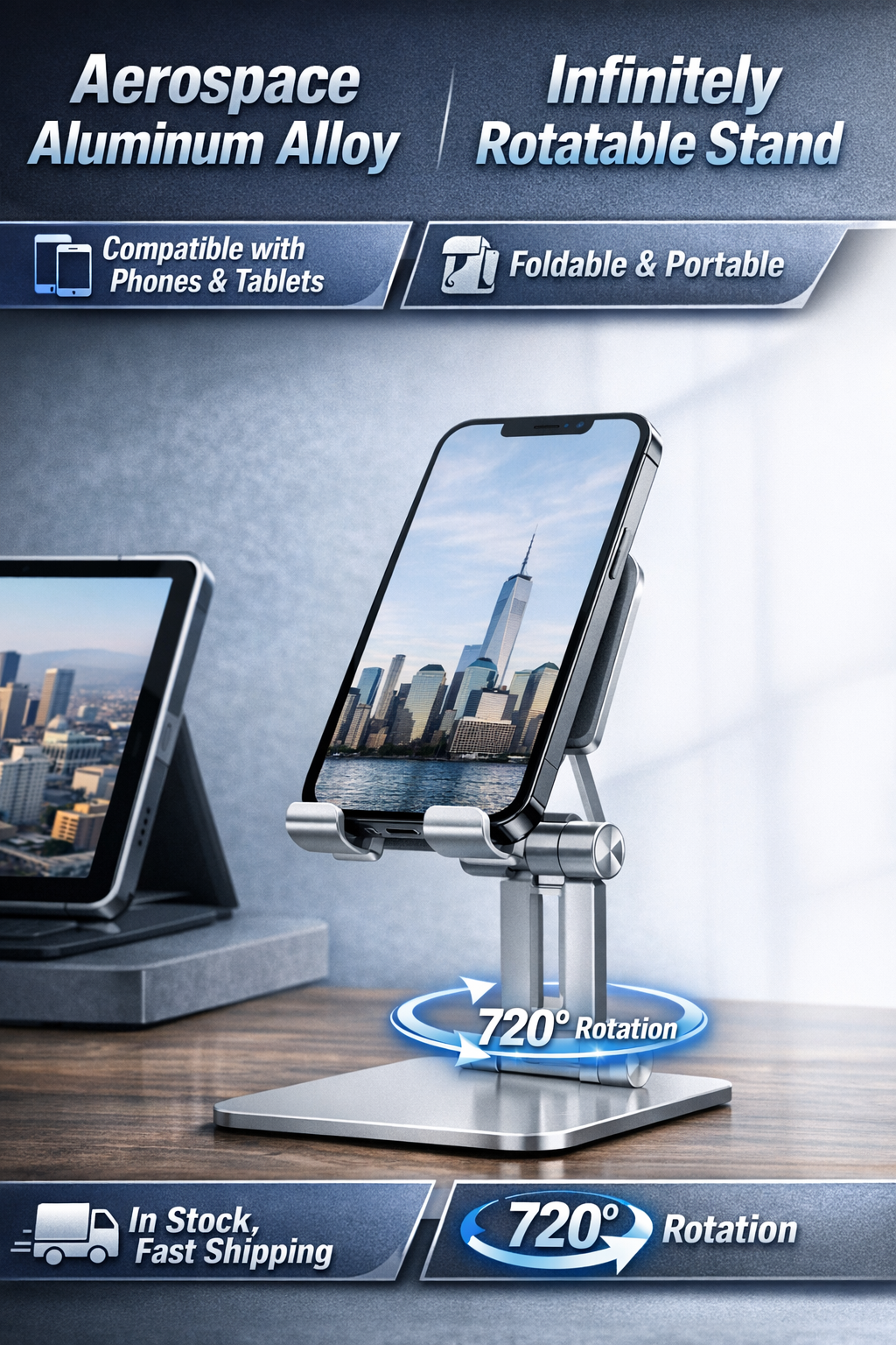 Metal Phone Stand, 720° Rotatable, Multi-Angle, Non-Slip, Fits All Phones
